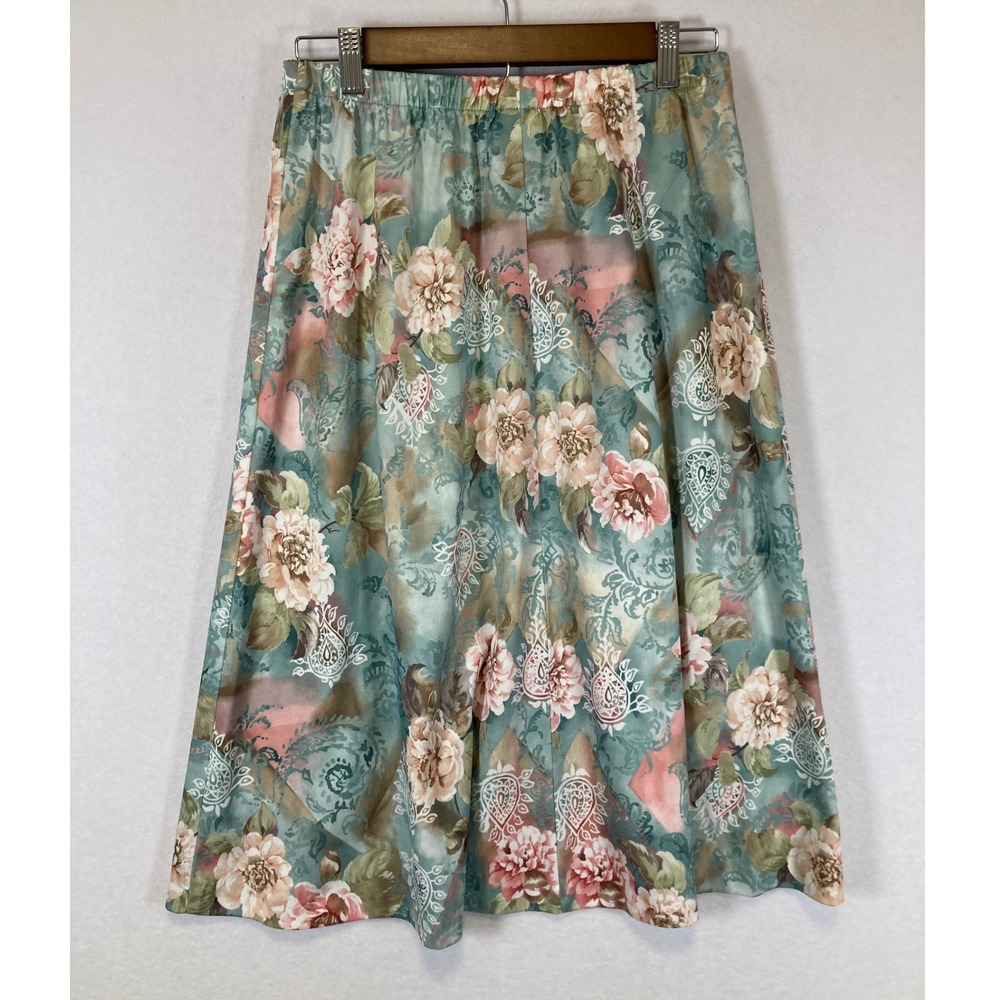 Vintage Cottagecore Floral Skirt Womens Size 12 Teal Pink Paisley Midi A-Line - Picture 2 of 8